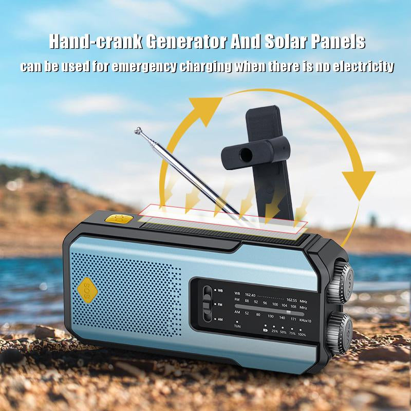 LOUPIO Emergency Weather Radio with AM FM NOAA Bands Solar USB Charging Hand Crank Rechargeable Battery Portable Blue Color Audio Green Flashlight Charger for Family Outdoor Survival Gear