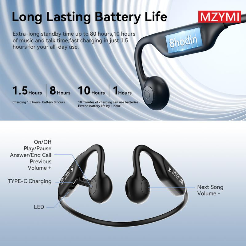 Wireless Bone Conduction Headphones, 8H Battery, Lightweight, Sound Isolation, Volume Control, Tangle-Free, Condenser Mic, , Cycling, Running, Fitness, Adult Open-Back Sports