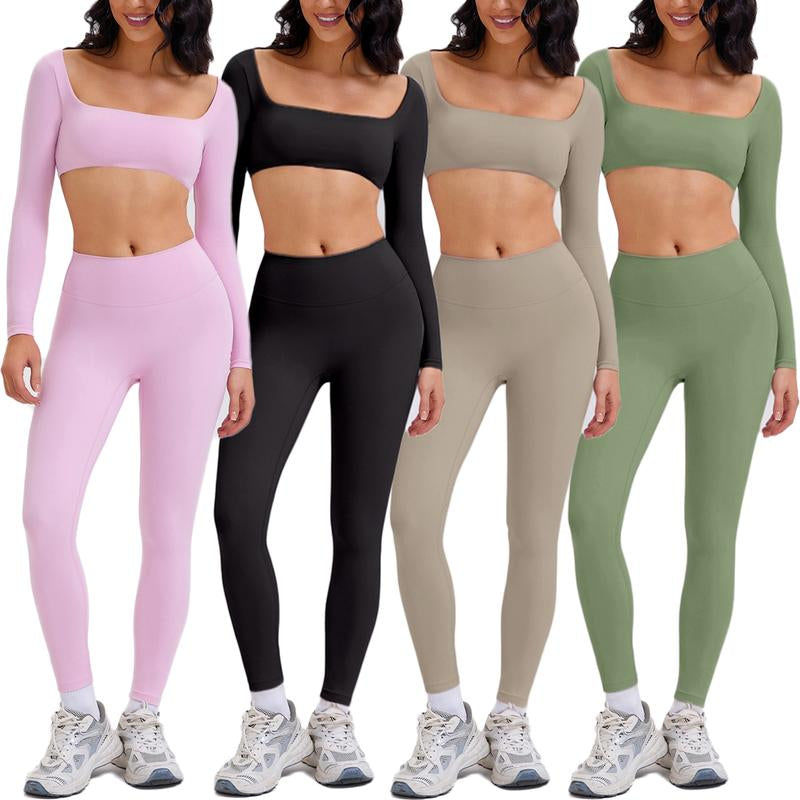 2 Piece Workout Sets for Women Long Sleeve Crop Tops and Yoga Pants Outfits High Waist Flared Leggings Gym Sets Athletic Running Yoga Tight Fit Timeless Sports Style
