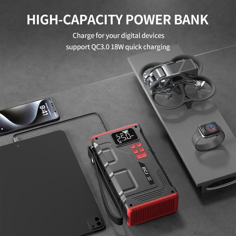 BCJ 16800Mah 5 in 1 Car Jump Starter with Air Compressor & 150PSI Digital Tire Inflator Portable 12V Battery Charger for 10.0L Gas 9.0L Diesel Engines with 6000A Full Set of Accessories Automotive Vehicle