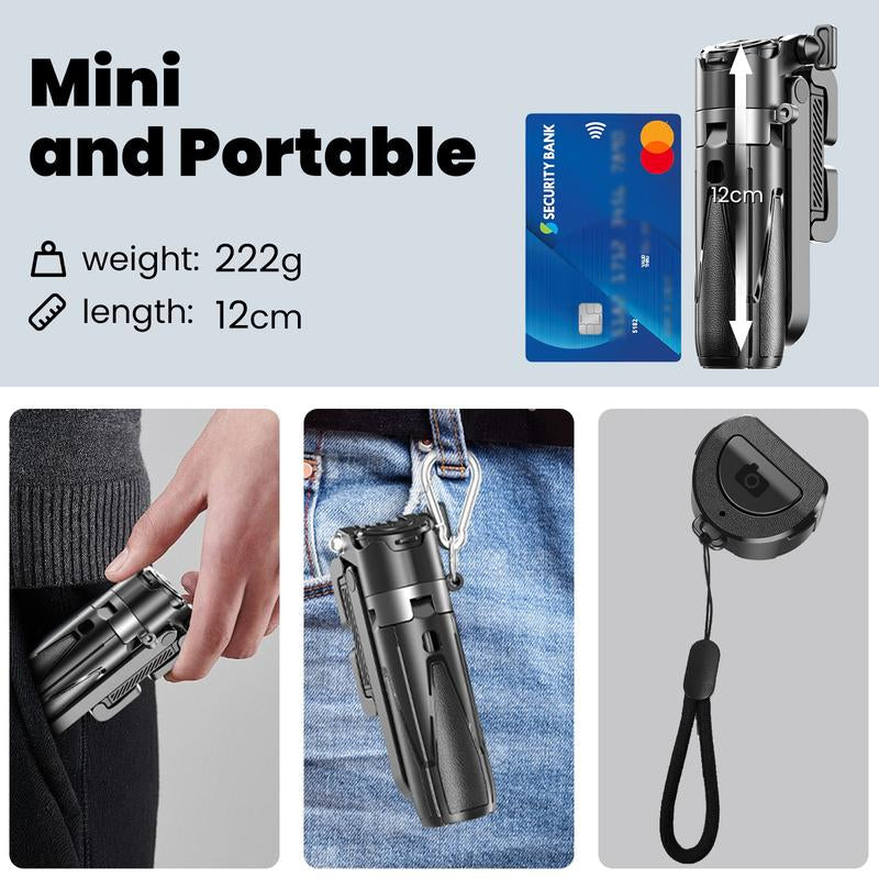 LINBER T26 Mini Selfie Stick Tripod with Detachable Remote, 3 in 1 Portable Phone Handle Grip with 2 Cold Shoes, Short Phone Tripod for Vlog Livestreaming Photography(Black)