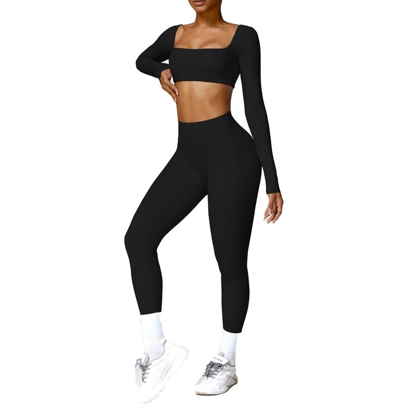 2 Piece Workout Sets for Women Long Sleeve Crop Tops and Yoga Pants Outfits High Waist Flared Leggings Gym Sets Athletic Running Yoga Tight Fit Timeless Sports Style