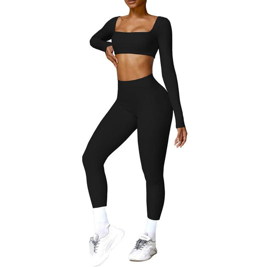 2 Piece Workout Sets for Women Long Sleeve Crop Tops and Yoga Pants Outfits High Waist Flared Leggings Gym Sets Athletic Running Yoga Tight Fit Timeless Sports Style