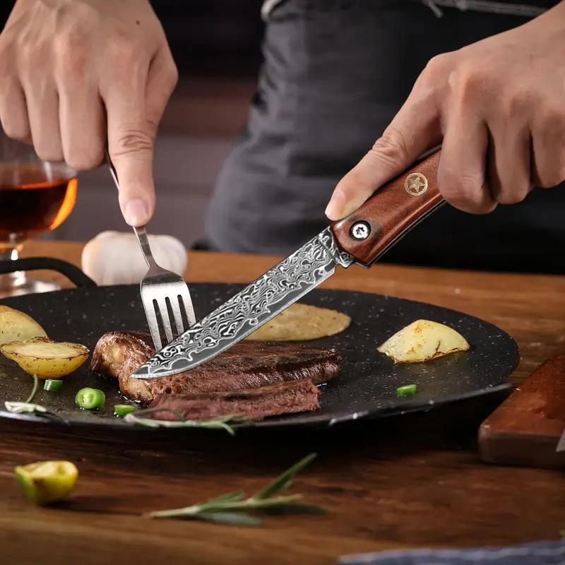 Damascus Steel Camping Knife, Chef'S Knife, Ergonomic Handle Design, Comfortable and Slip-Resistant, Suitable for Kitchen Camping Cooking Barbecue, a Perfect Gift for and Friends