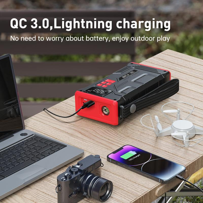 BCJ 16800Mah 5 in 1 Car Jump Starter with Air Compressor & 150PSI Digital Tire Inflator Portable 12V Battery Charger for 10.0L Gas 9.0L Diesel Engines with 6000A Full Set of Accessories Automotive Vehicle