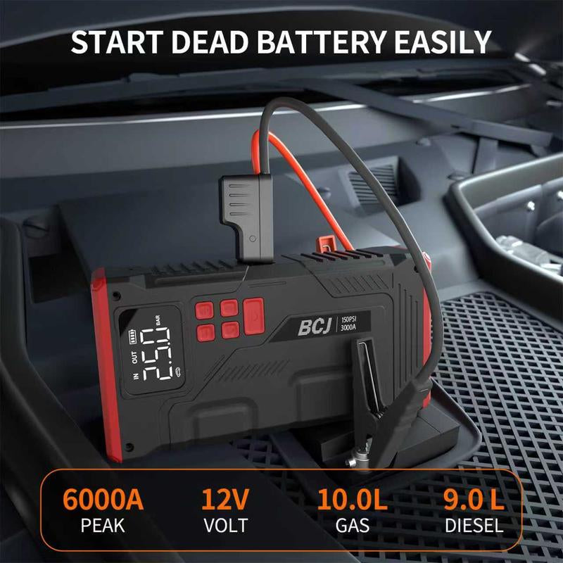 BCJ 16800Mah 5 in 1 Car Jump Starter with Air Compressor & 150PSI Digital Tire Inflator Portable 12V Battery Charger for 10.0L Gas 9.0L Diesel Engines with 6000A Full Set of Accessories Automotive Vehicle