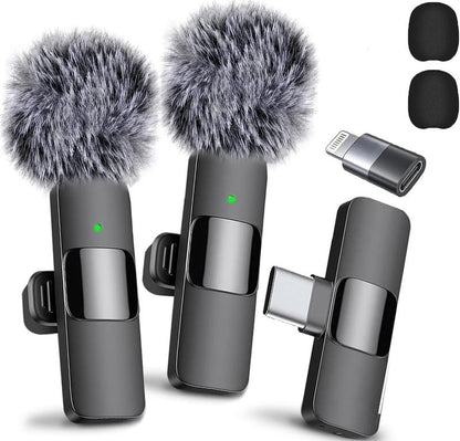 2 Pcs 2 in 1 Wireless Lavalier Microphone for Iphone, Android - Noise Reduction for Video Mini Microphone with USB-C and IOS Lighting Crystal Clear Sound for Recording/Live Streaming/Vlogging Audio Bluetooth Clip Connection