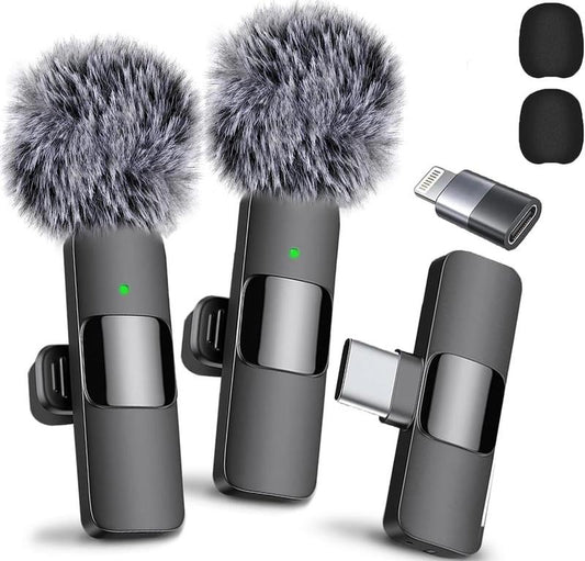 2 Pcs 2 in 1 Wireless Lavalier Microphone for Iphone, Android - Noise Reduction for Video Mini Microphone with USB-C and IOS Lighting Crystal Clear Sound for Recording/Live Streaming/Vlogging Audio Bluetooth Clip Connection