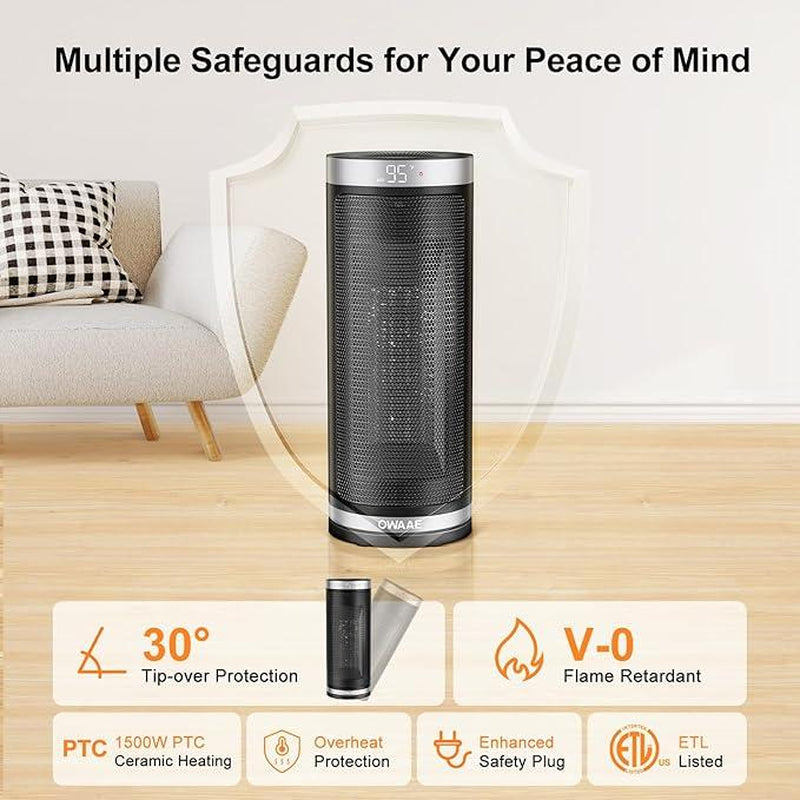 1500W Space Heater for Indoor Use, Portable Electric Heater with 60° Oscillation, Thermostat, 3 Heat Settings, Tip-Over Protection – Silver, for Office & Bedroom