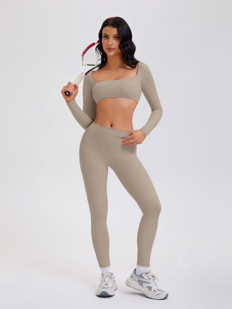 2 Piece Workout Sets for Women Long Sleeve Crop Tops and Yoga Pants Outfits High Waist Flared Leggings Gym Sets Athletic Running Yoga Tight Fit Timeless Sports Style