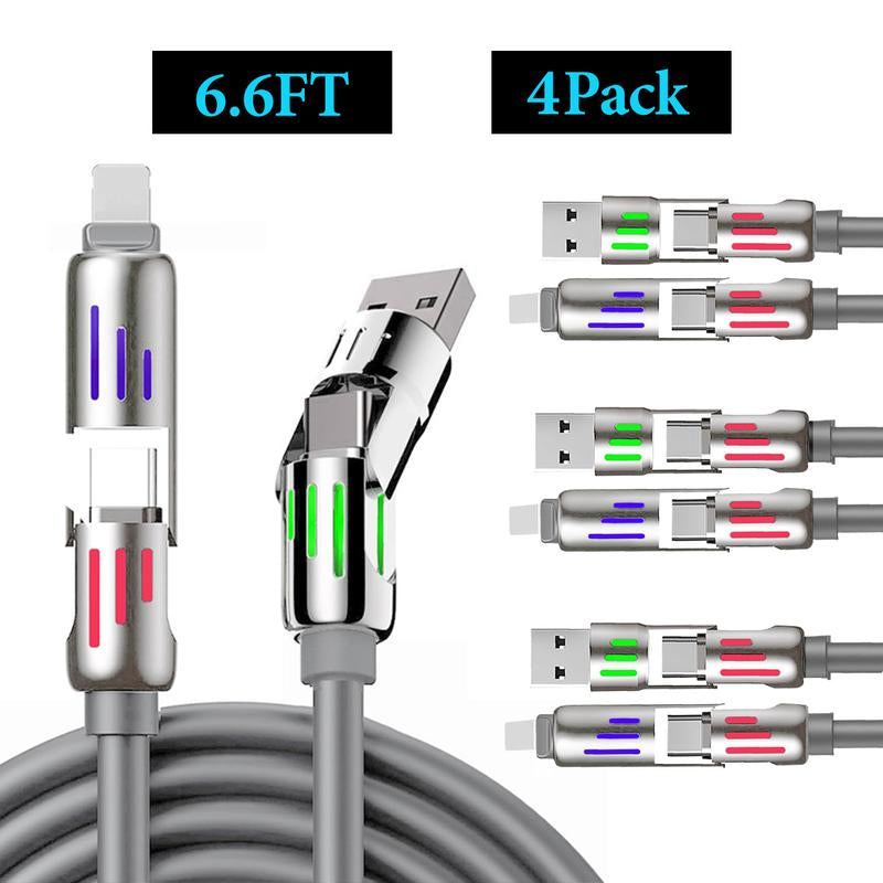 [Buy 1 Get 3 Free] 4-In-1 Multi USB Charging Cable with USBA, USBC, Lightning-Max65W Fast Charging & Data Sync for Iphone16/15,Ipad Pro, Fast Charge USB Cable 4-In-1 with Breathing Light Type-C Data Charging Cable