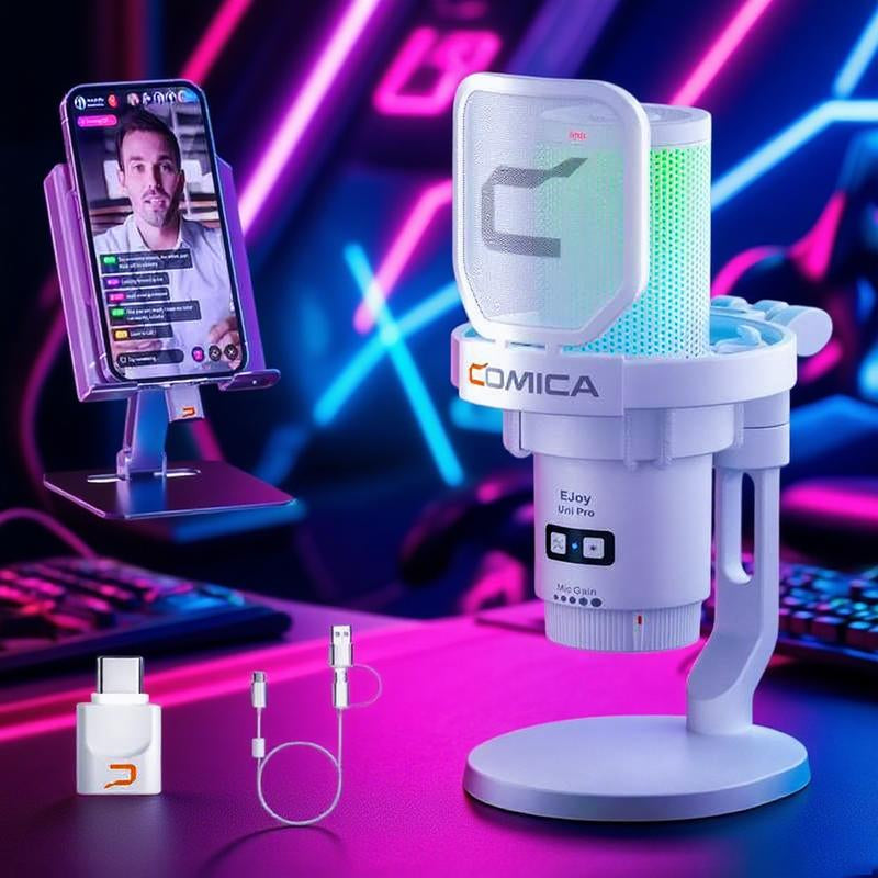 COMICA Ejoy Uni/Uni PRO Wireless Gaming Microphone | RGB Condenser Mic with Calmix Noise Reduction | Desktop Stand • Plug & Play • 50H Battery | Pc/Mobile Compatible for Streaming & Podcasting