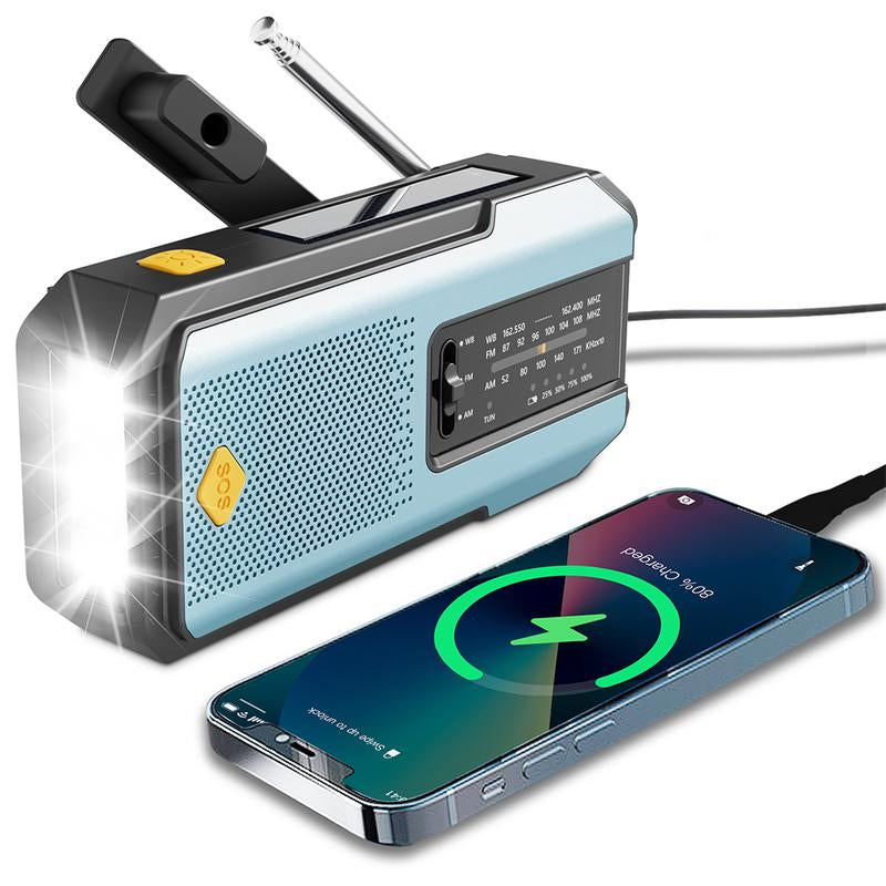 LOUPIO Emergency Weather Radio with AM FM NOAA Bands Solar USB Charging Hand Crank Rechargeable Battery Portable Blue Color Audio Green Flashlight Charger for Family Outdoor Survival Gear
