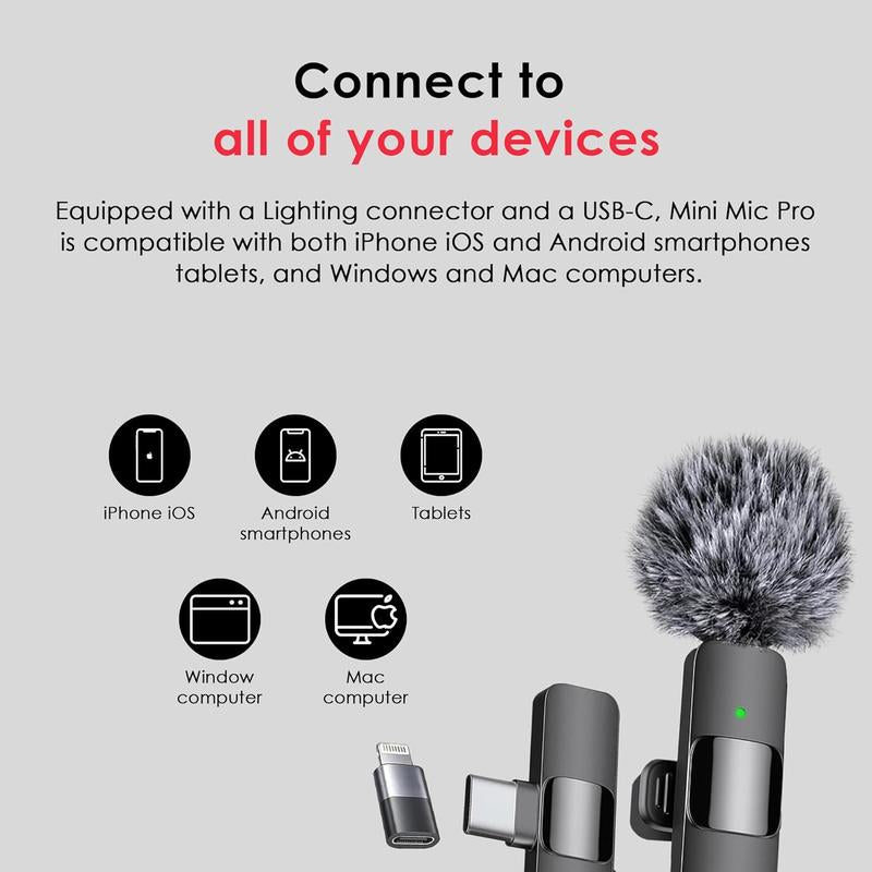 2 Pcs 2 in 1 Wireless Lavalier Microphone for Iphone, Android - Noise Reduction for Video Mini Microphone with USB-C and IOS Lighting Crystal Clear Sound for Recording/Live Streaming/Vlogging Audio Bluetooth Clip Connection