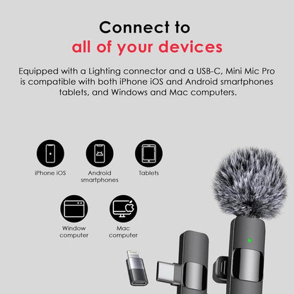 2 Pcs 2 in 1 Wireless Lavalier Microphone for Iphone, Android - Noise Reduction for Video Mini Microphone with USB-C and IOS Lighting Crystal Clear Sound for Recording/Live Streaming/Vlogging Audio Bluetooth Clip Connection