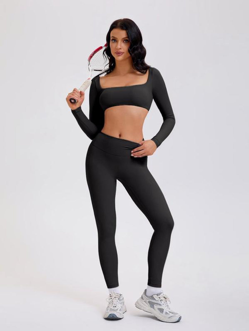 2 Piece Workout Sets for Women Long Sleeve Crop Tops and Yoga Pants Outfits High Waist Flared Leggings Gym Sets Athletic Running Yoga Tight Fit Timeless Sports Style