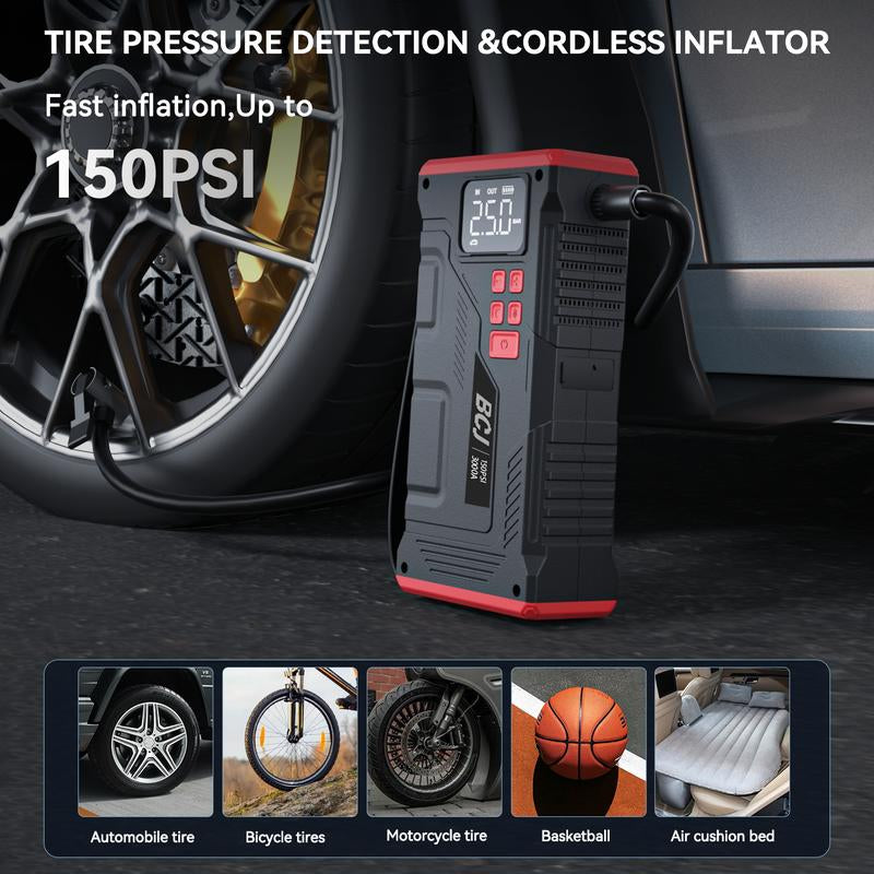 BCJ 16800Mah 5 in 1 Car Jump Starter with Air Compressor & 150PSI Digital Tire Inflator Portable 12V Battery Charger for 10.0L Gas 9.0L Diesel Engines with 6000A Full Set of Accessories Automotive Vehicle