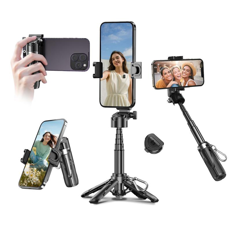 LINBER T26 Mini Selfie Stick Tripod with Detachable Remote, 3 in 1 Portable Phone Handle Grip with 2 Cold Shoes, Short Phone Tripod for Vlog Livestreaming Photography(Black)