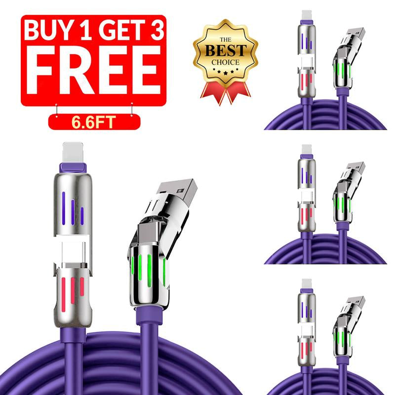 [Buy 1 Get 3 Free] 4-In-1 Multi USB Charging Cable with USBA, USBC, Lightning-Max65W Fast Charging & Data Sync for Iphone16/15,Ipad Pro, Fast Charge USB Cable 4-In-1 with Breathing Light Type-C Data Charging Cable