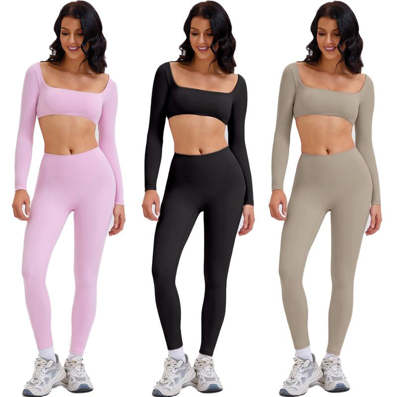 2 Piece Workout Sets for Women Long Sleeve Crop Tops and Yoga Pants Outfits High Waist Flared Leggings Gym Sets Athletic Running Yoga Tight Fit Timeless Sports Style
