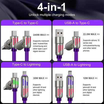[Buy 1 Get 3 Free] 4-In-1 Multi USB Charging Cable with USBA, USBC, Lightning-Max65W Fast Charging & Data Sync for Iphone16/15,Ipad Pro, Fast Charge USB Cable 4-In-1 with Breathing Light Type-C Data Charging Cable
