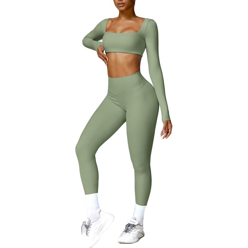 2 Piece Workout Sets for Women Long Sleeve Crop Tops and Yoga Pants Outfits High Waist Flared Leggings Gym Sets Athletic Running Yoga Tight Fit Timeless Sports Style