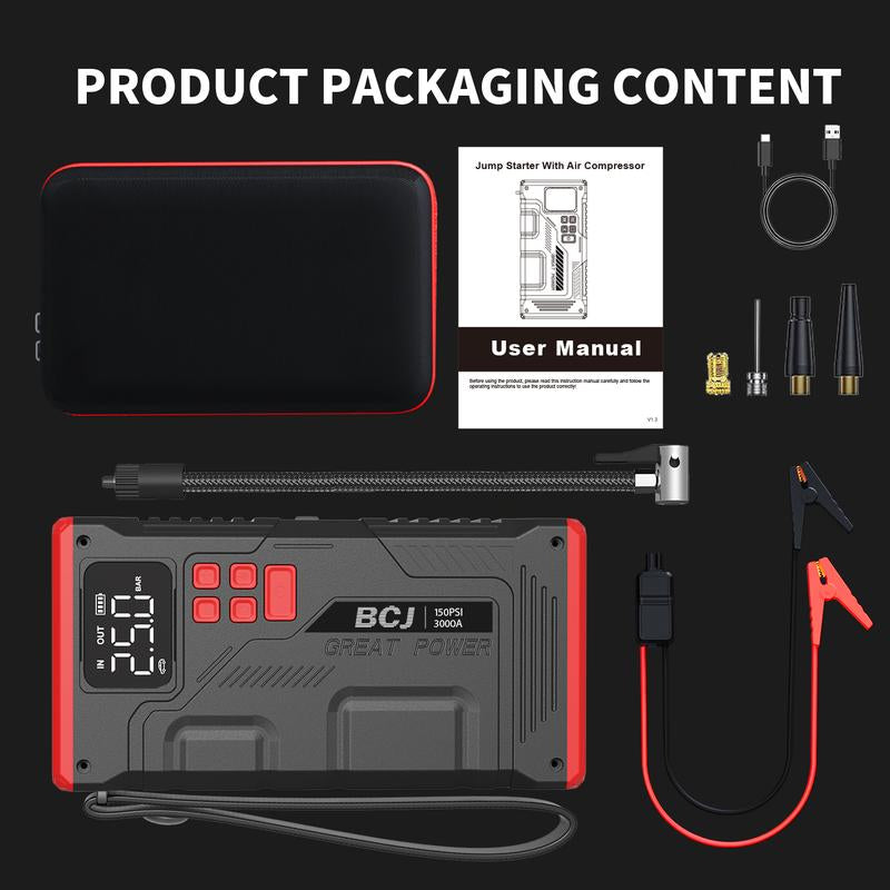BCJ 16800Mah 5 in 1 Car Jump Starter with Air Compressor & 150PSI Digital Tire Inflator Portable 12V Battery Charger for 10.0L Gas 9.0L Diesel Engines with 6000A Full Set of Accessories Automotive Vehicle